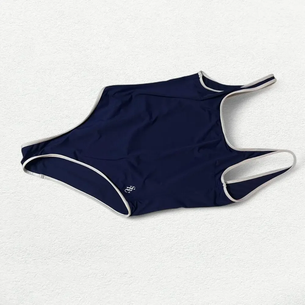 Sporty & Rich Carla Open Back One Piece Swimsuit in Navy Blue & White